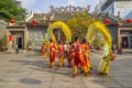 SAIGON, VIETNAM - FEB 15, 2018 - Dragon and lion dance show in chinese new year festival. Royalty Free Stock Photo