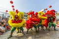 SAIGON, VIETNAM - FEB 15, 2018 - Dragon and lion dance show in chinese new year festival. Royalty Free Stock Photo