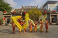 SAIGON, VIETNAM - FEB 15, 2018 - Dragon and lion dance show in chinese new year festival. Royalty Free Stock Photo