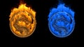 Dragon logos of metal, red glowing eye in round ring on black background. Orange and blue versions. Bright flame of fire. Mortal