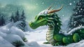 The dragon lurked in the snow. Green Christmas dragon in the woods, generated AI Royalty Free Stock Photo