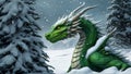 The dragon lurked in the snow. Green Christmas dragon in the woods, generated AI Royalty Free Stock Photo