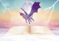 Dragon on magic fairytale book background