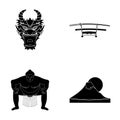 Dragon mask, katano, a man is a sumo player, a fujiama mountain.Japan set collection icons in black style vector symbol