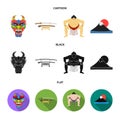 Dragon mask, katano, a man is a sumo player, a fujiama mountain.Japan set collection icons in cartoon,black,flat style