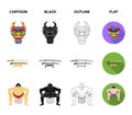 Dragon mask, katano, a man is a sumo player, a fujiama mountain.Japan set collection icons in cartoon,black,outline,flat