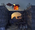 Dragon and medieval outpost, flying dragon that spits fire. Abandoned village. Middle ages and fantasy world