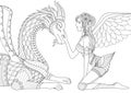 Dragon is at mercy of beautiful angel, line art design for coloring book for both children and adult and other illustrations