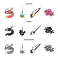 Dragon with mustache, Seoul tower, national musical instrument, hibiscus flower. South Korea set collection icons in