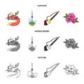 Dragon with mustache, Seoul tower, national musical instrument, hibiscus flower. South Korea set collection icons in