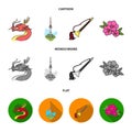 Dragon with mustache, Seoul tower, national musical instrument, hibiscus flower. South Korea set collection icons in Royalty Free Stock Photo