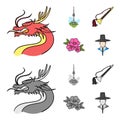 Dragon with mustache, Seoul tower, national musical instrument, hibiscus flower. South Korea set collection icons in