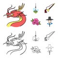 Dragon with mustache, Seoul tower, national musical instrument, hibiscus flower. South Korea set collection icons in Royalty Free Stock Photo