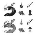 Dragon with mustache, Seoul tower, national musical instrument, hibiscus flower. South Korea set collection icons in