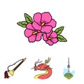 Dragon with mustache, Seoul tower, national musical instrument, hibiscus flower. South Korea set collection icons in Royalty Free Stock Photo