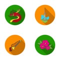 Dragon with mustache, Seoul tower, national musical instrument, hibiscus flower. South Korea set collection icons in