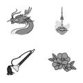 Dragon with mustache, Seoul tower, national musical instrument, hibiscus flower. South Korea set collection icons in