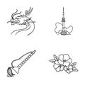 Dragon with mustache, Seoul tower, national musical instrument, hibiscus flower. South Korea set collection icons in