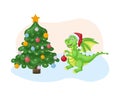 Dragon near the Christmas tree. Cute Christmas illustration depicting a dragon with a Christmas tree toy near the Royalty Free Stock Photo