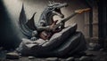 Dragon Playing Guitar in a Rock Band. Generative AI