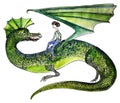 Dragon Rider girl Watercolor drawing isolate on white background