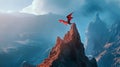 Dragon Rider Soars Above Volcanic Peaks . Royalty Free Stock Photo
