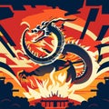 Dragon riding a motorcycle on fire. Vector illustration in flat style. generative AI