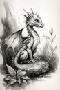 dragon on the rock, drawing by hand, pencil drawing, illustration