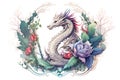 Dragon and floral design element isolated on white, illustration generated by AI