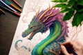 Dragon`s Color: A multiple Coloring Pen for Intricate Dragon Illustrations. Generative AI Royalty Free Stock Photo