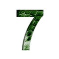 Dragon scale font. Digit seven, 7 cut out of paper on the background of the dark green skin of a mystical dragon with scales. Set