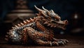 Dragon sculpture, ancient symbol of spirituality, crafted from ornate wood generated by AI