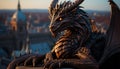 Dragon sculpture atop famous cityscape, a majestic symbol of imagination generated by AI