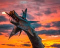 Dragon sculpture breathing fire at sunset at Artprize 9 in Grand Rapids Michigan