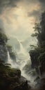 Ethereal Rocky Mountain Landscape Painting With Waterfall