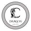 Dragon silhouette inside capital letter C. Elegant Gothic Dragon Logo with tattoo element. Heraldic symbol beast ancient mythology