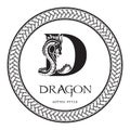 Dragon silhouette inside capital letter D. Elegant Gothic Dragon Logo with tattoo element. Heraldic symbol beast ancient mythology