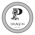 Dragon silhouette inside capital letter P. Elegant Gothic Dragon Logo with tattoo element. Heraldic symbol beast ancient mythology