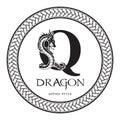 Dragon silhouette inside capital letter Q. Elegant Gothic Dragon Logo with tattoo element. Heraldic symbol beast ancient mythology