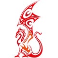 The Dragon Silhouette Is Painted Red In Different Lines. Tattoo Logo Of A Fabulous Animal Dragon