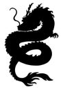 Dragon silhouette, snake shape, icon, logo, outline black and white drawing, stencil, sticker, detailed isolated on white backgrou