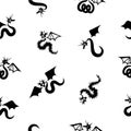 Dragon silhouettes seamless pattern. Hand drawing vector black illustration.