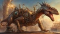 dragon in the sky _a steampunk, A close-up view of a steampunk dinosaur, with iron scales, brass spikes, Royalty Free Stock Photo