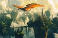 A dragon soaring over a city of floating islands Royalty Free Stock Photo