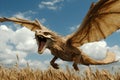 A dragon soaring through the sky with its mouth open over a wheat field Royalty Free Stock Photo