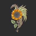 Dragon with a sunflower flower on black background. Heroic emblem. Vector illustration