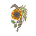 Dragon with a sunflower flower. Heroic emblem. Vector illustration