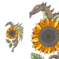 Dragon with a sunflower flower. Heroic emblem. Vector illustration