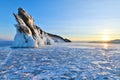 Dragon Tail Rock on Ogoy Island During Sunrise at Lake Baikal in Winter Royalty Free Stock Photo