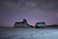 Dragon Tail Rock and UAZ 452 Under the Milky Way Galaxy at Frozen Lake Baikal